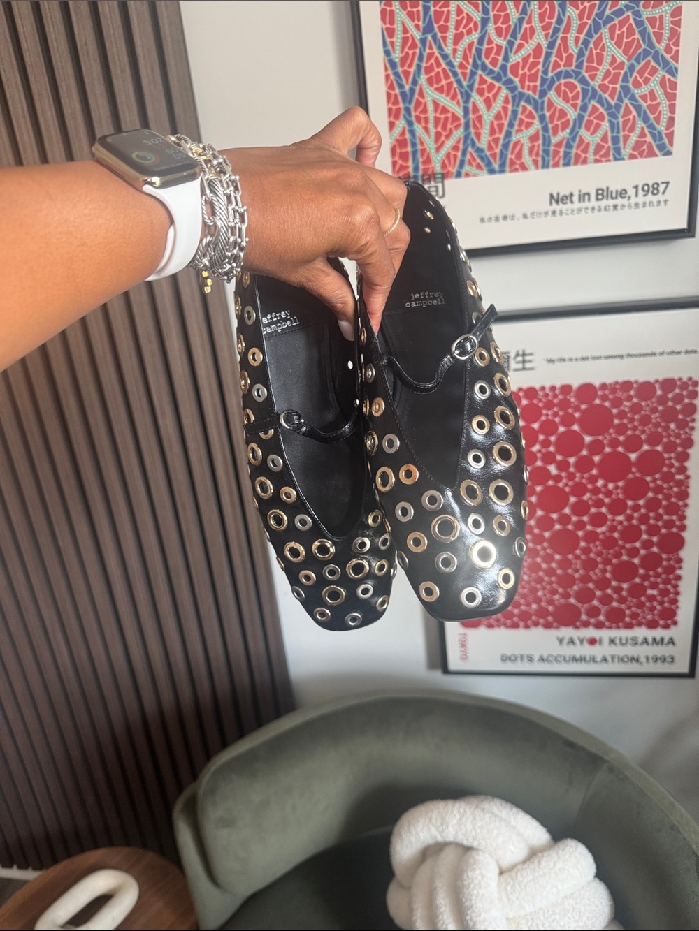 Jeffrey Campbell Black Leather Grommet-Embellished Slip-On Flats